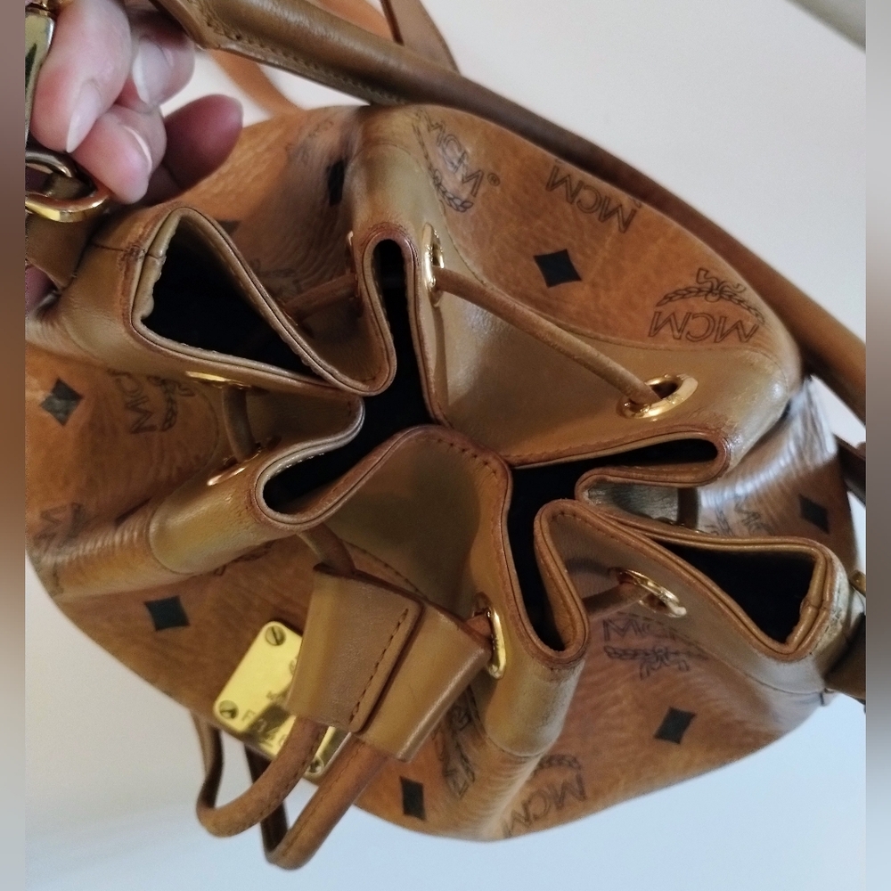 MCM Cognac Logo Drawstring Bucket Bag with Gold Hardware - Picture 6 of 12